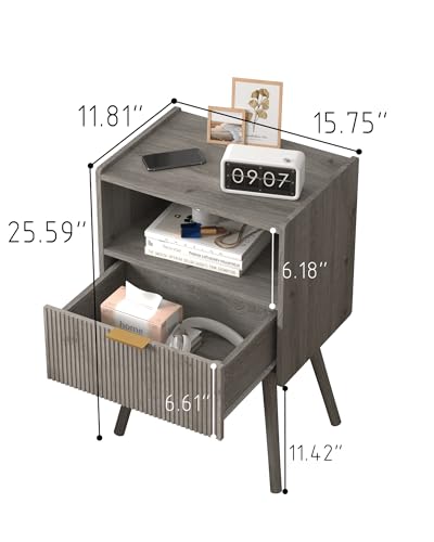 Nightstand,Modern Bedside Table with Storage Drawer and Open Wood Shelf, for Living Room, Bedroom and Small Spaces, Accent Night Stand with Solid Wood Legs, Easy Assembly,Grey Oak - color: Grey Oak