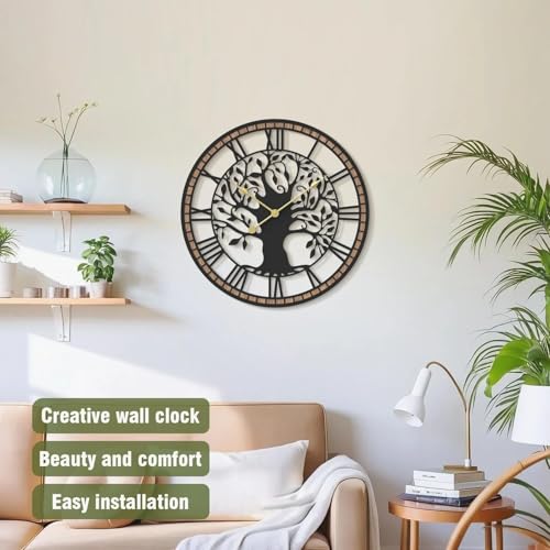 Micasso Large Wall Clock Decorative: 15 Inch Tree of Life Battery Operated | Modern Farmhouse Metal Wood Frame - Roman Numeral Clocks for Living Room/Home Office - Ideal for Anniversary or Holiday Gift - color: Tree, size: 15 Inch