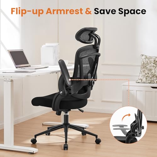 DUMOS Executive Home Office Chair, Ergonomic Computer Desk Chair, Mesh | 300 LBS, High Back, 2D Headrest, Adjustable Lumbar Support, Flip-up Armrests, Swivel Wheels, Black - color: Black
