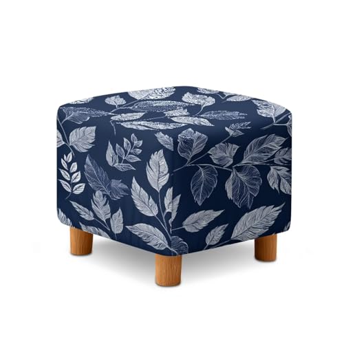 Blue Leaf Print Ottoman Slipcover Square Stretch Ottoman Covers for Folding Storage Stool Soft Foot Stool Cover with Elastic Bottom for Home Decor - color: Blue Leaf