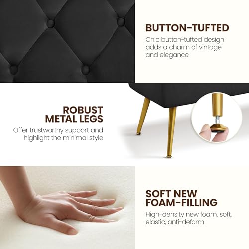 Yaheetech 45in Upholstered Velvet Ottoman Bench Seat with Gold Legs, Black | Tufted Upholstered Bench Seat, Bed Bench with Tapered Gold Metal Legs, Sized for Window Seat Entryway Living Room - color: Black