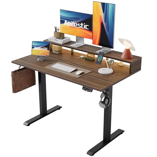 Agilestic 55 * 24 Inch Electric Standing Desk with Shelf & Led, Dark Walnut | Electric Height Adjustable, Outlets&Led, Monitor Stand, Sturdy Steel Frame, Memory Presets, Hooks, 154 lbs, Splice Board - color: Led-dark Walnut, size: 55 x 24 Inches with led
