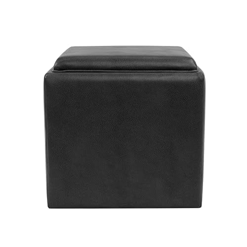 HomePop 17.5" Storage Ottoman with Tray Top - Black Faux Leather - color: Black Faux Leather