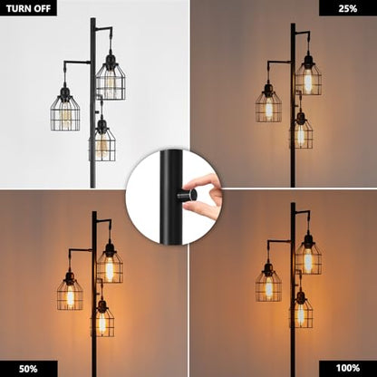 9MMML Floor Lamp for Living Room, Farmhouse Industrial Dimmable Floor lamp,3 Lights Metal Cage Tree Standing Lamp,68", 3Pcs Led Bulbs Included - color: Black B