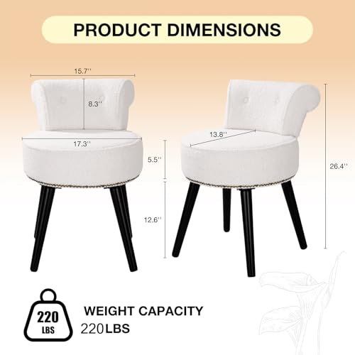 Vanity Chair with Back, Sherpa Stool with Tufted Low Backrest & Gold Nailhead Trim, Round Vanity Seat for Bedroom and Bathroom Makeup, Support 220lbs, Easy Assembly (Teddy White) - color: Sherpa White