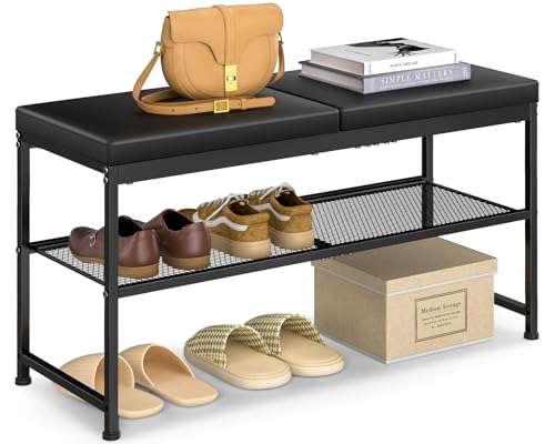 DAOUTIME Shoe Rack Bench, 2-Tier Shoe Storage Organizer with PU Seat Cushion, Entryway Bench with Height-Adjustable Metal Mesh Shelves, Modern Bench Seat for Bedroom Living Room Hallway Foyer, Black