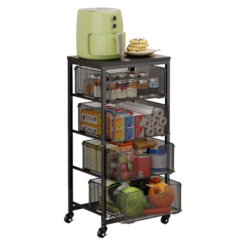 4-Tier Fruit Vegetable Storage Cart - Kitchen Organizer and Storage Cart with Wheels, Wooden Top Metal Wire Fruit Vegetable Rack Stand with Drawers to Storage Cans Snacks for Kitchen(Patent Pending) - size: 4-Tier