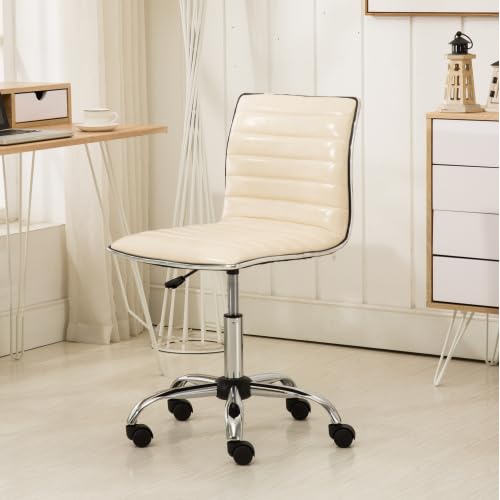 Small Armless Swivel Vanity Office Desk Chair with Wheels for Bedroom Study | Adjustable Task Chairs with Faux Leather Fabric & Padded Seat, Modern Adjustable Height Work Chairs for Home Office, Beige - color: Beige