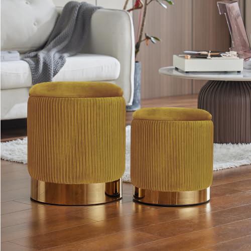 Round Ottoman with Storage Set of 2 Yellow Velvet Vanity Stool | Upholstered,Small Ottoman Coffee Table,Removable Lid,Foot Stool for Living Room,Bedroom,Assembly Free,Gold and Yellow - color: Yellow With Bottom Gold