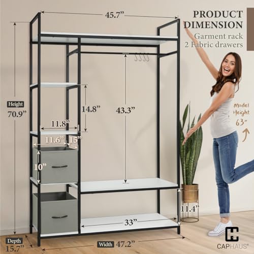 CAPHAUS 979lbs Capacity Garment Rack for Hanging Clothes, Heavy Duty Open Wardrobe w/Hanging Rods & Fabric Drawers, Free Standing Closet Organizer, Metal Closet Rack w/White Wooden Shelves - color: White, size: 48 Inch