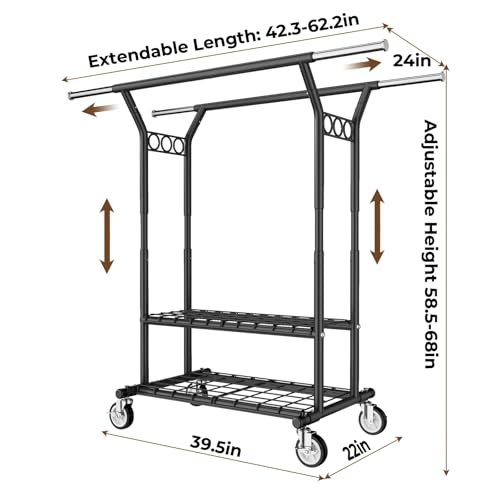 HYSEYY Heavy Duty Clothes Rack, Rolling Clothing Rack With Shelves Load 620 LBS, Double Rod Clothing Racks for Hanging Clothes, Portable& Adjustable Clothes Rack with Wheels,Black - color: Black