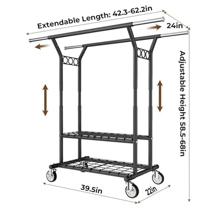 HYSEYY Heavy Duty Clothes Rack, Rolling Clothing Rack With Shelves Load 620 LBS, Double Rod Clothing Racks for Hanging Clothes, Portable& Adjustable Clothes Rack with Wheels,Black - color: Black