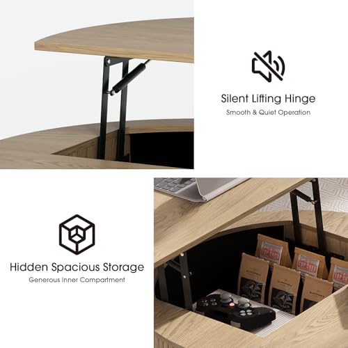 SULIVES Round Coffee Table with Lifting Top, Multifunctional Lift Top Drum Coffee Table with Sliding Door, Small Fluted Center Table for Living Room, Oak - color: Oak_round-lift-top