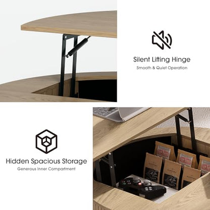 SULIVES Round Coffee Table with Lifting Top, Multifunctional Lift Top Drum Coffee Table with Sliding Door, Small Fluted Center Table for Living Room, Oak - color: Oak_round-lift-top