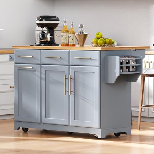 Kitchen Island with Trash Can Storage & Pull-Out Trays | Solid Rubberwood Countertop Kitchen Island on Wheels, Drop Leaf, Power Outlet, 3 Drawers - color: Grey