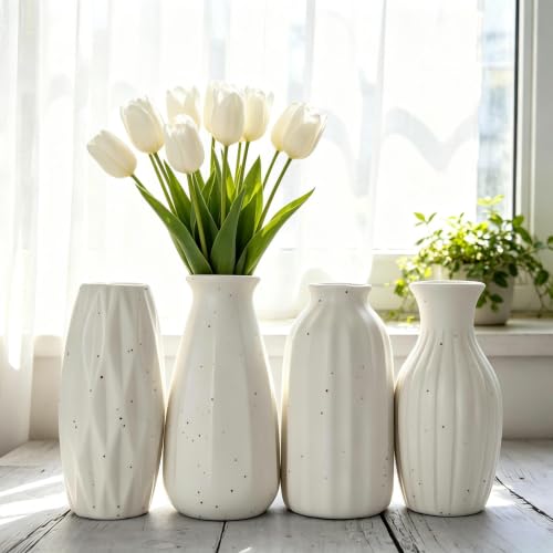 Set of 4 Small White Ceramic Vases Table Flower Vase Modern Decorative Vases for Pampas Grass, Small Vase for Home Living Room Dining Table Farmhouse Office Decor-4.9inch High