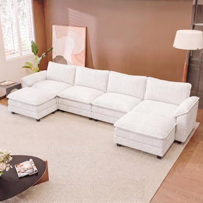 JUMMICO 159" U-Shaped Shaped Sectional Couch, Modular Cloud Sofa, White | 2 Movable Ottoman,4 Deep Seats, Sturdy Frame, Comfy Chenille, Easy Assembly, Sleeper Sofa for Living Room, Apartment - color: White, size: U Shaped Sofa