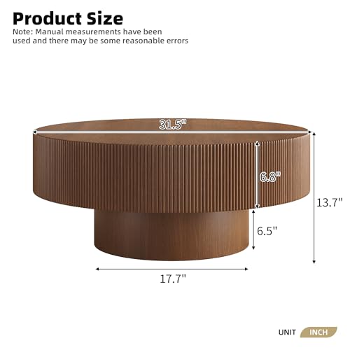 31.5" White Round Coffee Table with 6.8" Thick Tabletop & Sturdy Base, Modern Drum Center Table Circle Accent Side Table for Living Room, Minimalist Fluted Design, Walnut - color: 31.5" Round Style 1, Walnut