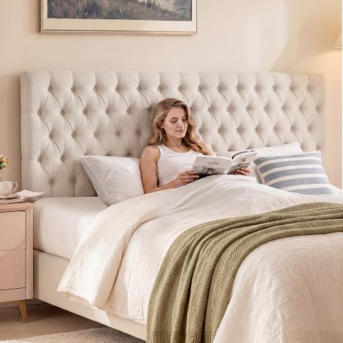 Upholstered Queen Headboard Only, Premium Linen Button Tufted Headboards, Adjustable Solid Wood Head Board, Padded Headboard with Solid Wood Legs in Bedroom (Beige) - color: Beige, size: High Queen