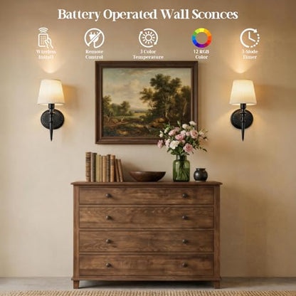Battery Operated Wall Sconces Set of 2, Wireless Rechargeable Wall Lights with 12 RGB Colors and 3CCT Dimmable, Small Fabric LED Wall Lamps for Bedroom, Living Room, Hallway, Black - color: Black