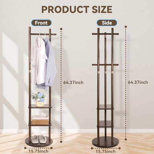 Wood Coat Rack Freestanding Rotary Coat tree with 3 Shelves and 5 Hooks | 4 Swivel Wheels Heavy Duty Clothing Rack Coat Hanger Stand for Corner Entryways Living Rooms and Bedrooms, Walnut