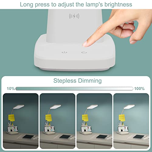 LED Desk Lamp with 10W Wireless Charging & Pen Holder, Snow White | CRI 95, 800LM, Stepless Dimming, 3 Modes, 360°Flexible Arm, Touch, Study Table Lamp for Home Office, Dorm Room, with Adapter - color: Snow White