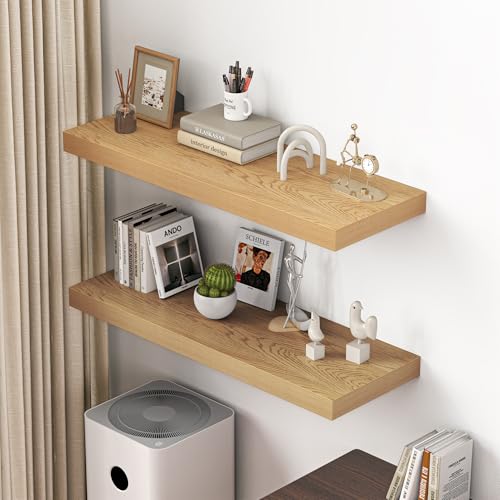Dreamland 40" Floating Shelves for Wall, 12" Deep Thicker Oak Floating Shelves, Wall-Mounted Shelves for Bedroom, Living Room, Kitchen, Bathroom - Set of 2 - color: Oak, size: 40"W x 12"D x 2"H, Set of 2