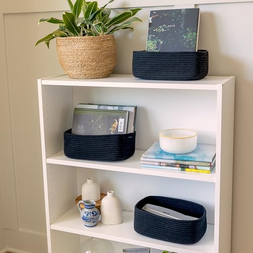 NaturalCozy 11.8"x8"x4.5” Rectangle Storage Baskets for Shelves 3 Pack | Cotton Rope Woven Small Baskets for Organizing | Small Storage Bins for Nursery, Bathroom, Closet, Shelf, Decorative, Gift - color: Black, size: 11.8" x 8" x 4.5"