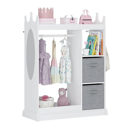 UTEX Kids Dress up Storage with Crown-Shaped Design and 2 Fabric Bins | See and Store Kids Wardrobe, Toddler Dress Up Rack, Open Hanging Armoire Closet, Water-based Paint, Princess Style - color: White
