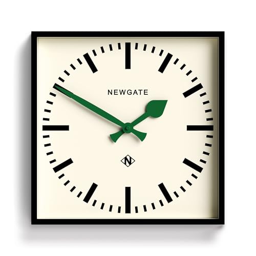 NEWGATE® Number Five wall Clock | Square Retro Inspired Modern Station Clock | 16" | Black with Green Hands | Mid-Century Style for Kitchen, Living Room or Office - color: Green