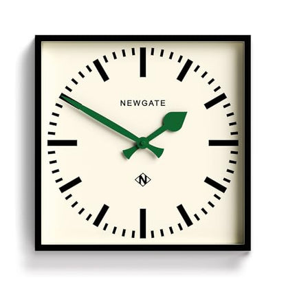 NEWGATE® Number Five wall Clock | Square Retro Inspired Modern Station Clock | 16" | Black with Green Hands | Mid-Century Style for Kitchen, Living Room or Office - color: Green