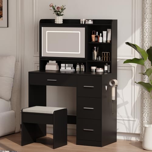 Viaozutis Vanity Desk with a Mirror and Lights，with Chair and Four Drawers, Three Adjustable Lighting Modes，with Power Outlet and Sliding LED Mirror,Bedroom Vanity Desk (Black) - style: Black
