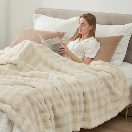 Cozy Bliss Fluffy Faux Fur Blanket King Size for Bed, Fuzzy Soft Striped Plush Blanket, Thick Throw for Bedroom Couch Gift, 108x90 Inches Cream White - color: Cream White, size: King(108" x 90")