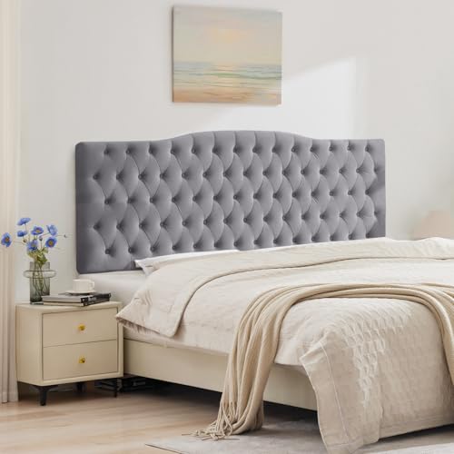Iroomy Upholstered High Queen Headboard, Button Diamond Tufted Headboard with Adjustable Height and Solid Wood Leg, Linen Fabric Padded Headboards for Queen Size Bed, Mordern Head Board, Grey Velvet - color: Grey-velvet, size: High Queen