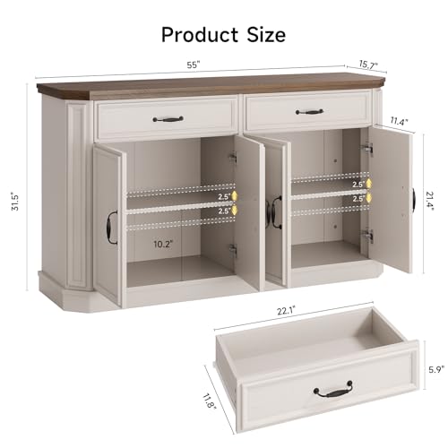 55" Sideboard Buffet Cabinet with 2 Storage Drawers & 4 Doors, Modern Kitchen Sideboards and Buffets with Adjustable Shelves, Wood Coffee Bar Cabinet for Living Room, Entryway, Off-White