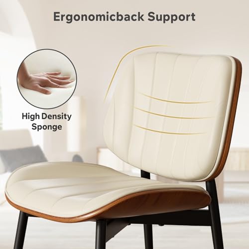Dining Chairs Set of 6, Mid Century Modern Dining Room Chair, Upholstered Faux Leather Kitchen Chairs with Walnut Bentwood Back and Metal Legs for Kitchen Dining Room Living Room, Beige - color: Beige, size: Set of 6