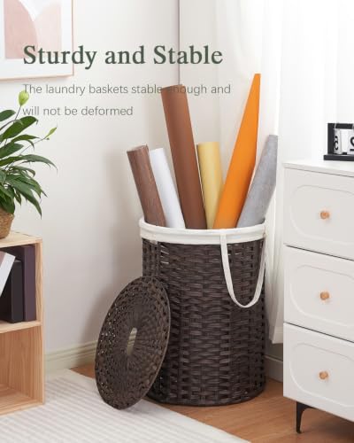 SETVSON Laundry Basket with Lid Round Rattan PE Laundry Hamper, Brown | 110L Large Woven Basket with Lid, Removable Washable Liner Bag, 2 Mesh Laundry Bags, Side Handles for Easy Carrying - color: Brown, size: 110 L