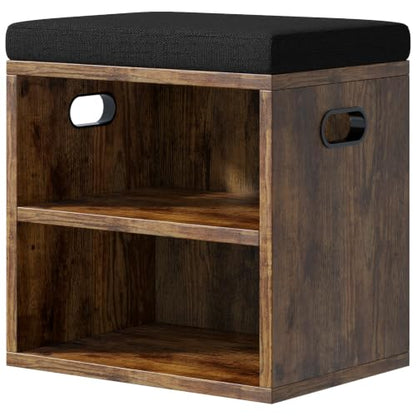 2 Tier Small Shoe Storage Bench Rustic Brown US-FHXD01H | hold up to 4 pairs of shoes, with Adjustable Middle Shelf, Padded Seat Cushion,cut-out handle - color: Rustic Brown