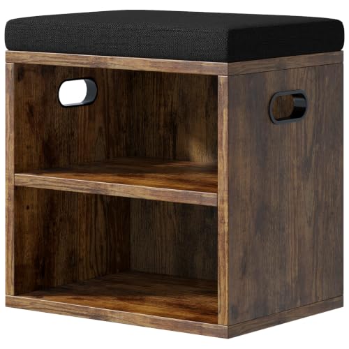 2 Tier Small Shoe Storage Bench Rustic Brown US-FHXD01H | hold up to 4 pairs of shoes, with Adjustable Middle Shelf, Padded Seat Cushion,cut-out handle - color: Rustic Brown
