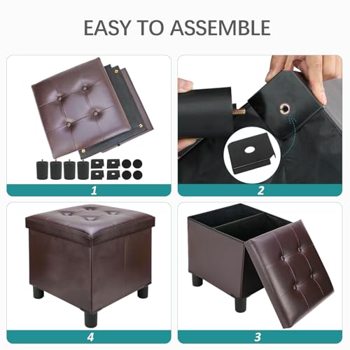 18 Inches Cube Storage Ottoman, Faux Leather Collapsible Square Folding Ottoman Furniture with Storage for Living Room Bedroom, Foot Rest Foot Stool with Legs, Brown 18x18x18 Inches - color: Brown