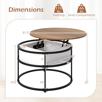 Tangkula Lift Top Coffee Table, 31.5” Round Center Table with Hidden Compartment & Side Shelves, 2-Tier Small Accent Cocktail Table for Small Spaces, Living Room, Apartment (Brown & White) - color: Brown & White