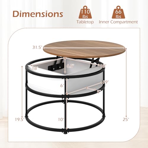 Tangkula Lift Top Coffee Table, 31.5” Round Center Table with Hidden Compartment & Side Shelves, 2-Tier Small Accent Cocktail Table for Small Spaces, Living Room, Apartment (Brown & White) - color: Brown & White