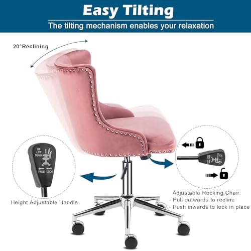 VINGLI Velvet Office Chair - Modern Upholstered Desk Chair with Adjustable Height, Tilting Mechanism, and Rolling Wheels - Pink - color: Pink
