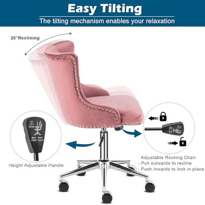 VINGLI Velvet Office Chair - Modern Upholstered Desk Chair with Adjustable Height, Tilting Mechanism, and Rolling Wheels - Pink - color: Pink