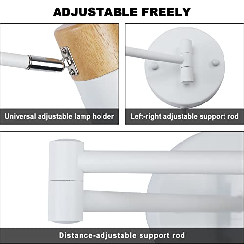 COSYLUX Modern Industrial Swing Arm Wall Lamp with Plug in Cord for Bedroom, Living Room, Office, Rotatable Lampshade Plug in Wall Sconces Light Fixture for Reading and Working, White (NO Bulb)