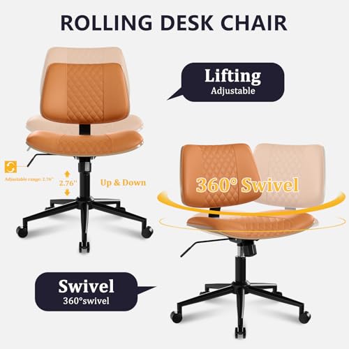 Modern Armless Office Chair with Wheels, Wide Seat Walnut, Brown | Adjustable Swivel Desk Chair with Mid Back & Tilt Function, Faux PU Leather Mid Century Modern Task Office Chair, 300LBS Cap - color: Brown, size: MCM Style Wide Seat