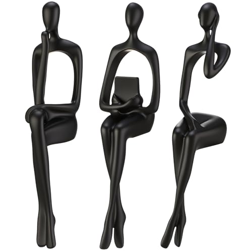 3 Pcs Small Thinker Statue Decor, Modern Abstract Sitting Sculptures for Home Decor, Resin Figurines Bookshelf Decoration Accents, Elegant Desk Cabinet Ornaments for Living Room, Office(Black) - color: Black