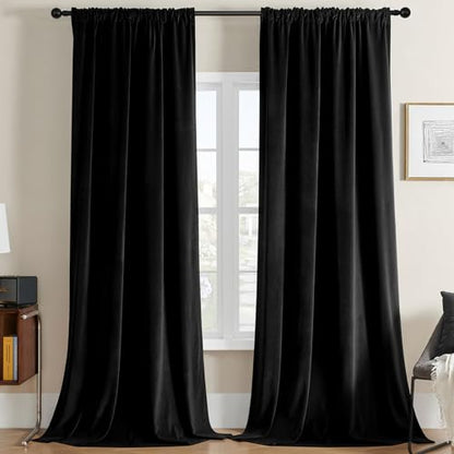Joydeco Black Velvet Curtains 63 inch Length 2 Panels, Luxury Blackout Rod Pocket Thermal Insulated Window Curtains, Super Soft Room Darkening Drapes for Living Dining Room Bedroom,W52 x L63 inches - color: Rod Pocket | Black, size: 52"W x 63"L (Pack of 2