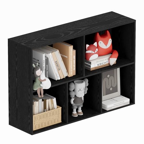 Book Shelf, Wooden Cube Storage Organizer with 11" Open Cubes, Stackable Modular Bookcase for Room Divider Storage, 2 Tier Bookshelf for Living Room, Bedroom, Office (Black, 5-Cube) - color: Black, size: 5-Cube