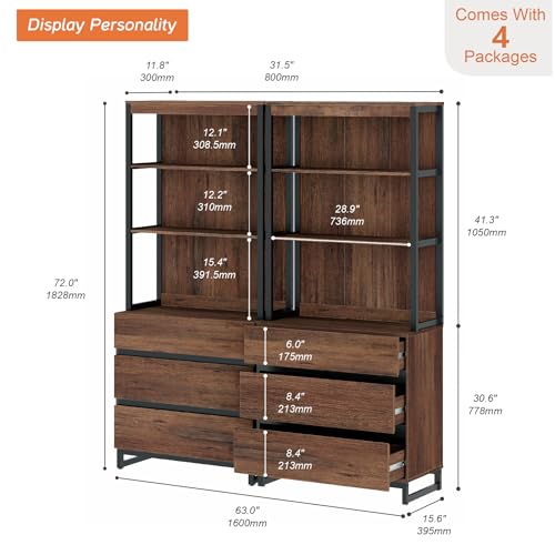 WAMPAT 2 PCS Modern 72" Tall Bookshelf with 6 Drawers and Open Book Shelves, Library Bookcase with Storage Cabinet and Metal Base, Wood Freestanding Bookshelves for Home Office, Living Room, Brown - color: Brown-b, size: 2 PCS